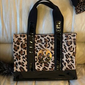Tory Burch cow fur patent leather tote